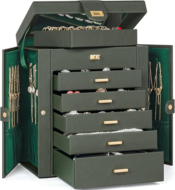AKOZLIN 6-Tier Jewelry Box Organizer Functional 5 Drawers Leather Jewelry Storage Case for Women Girls Ring Necklace Earring Bracelet Holder Organizer with Mirror Medium Dark Green - Image 6