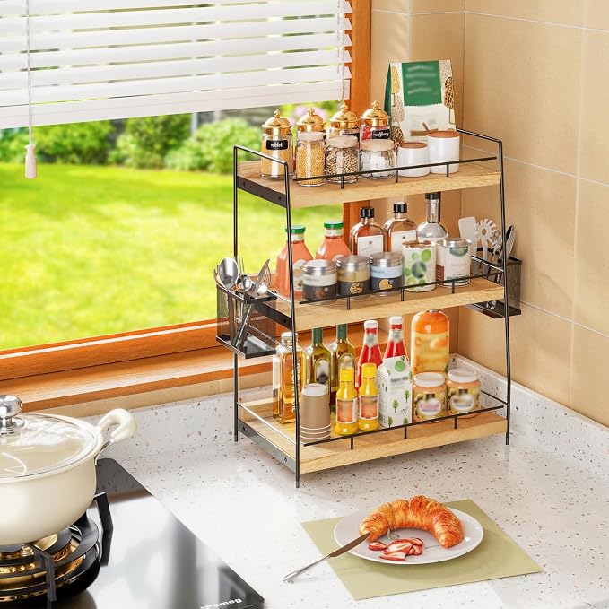 3 Tier Bathroom Counter Organizer with Side Baskets, Wood Countertop Vanity Shelf,Sturdy Metal Frame fits Tall Bottles - Image 6