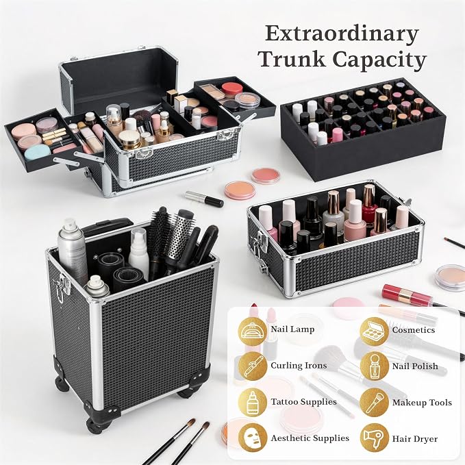SHOWERSAFE 4 in 1 makeup train case - Professional cosmetology case on wheels, Large Transformable Makeup Train Case & Barber Case, Portable rolling makeup case & Makeup Cart, Black - Image 2
