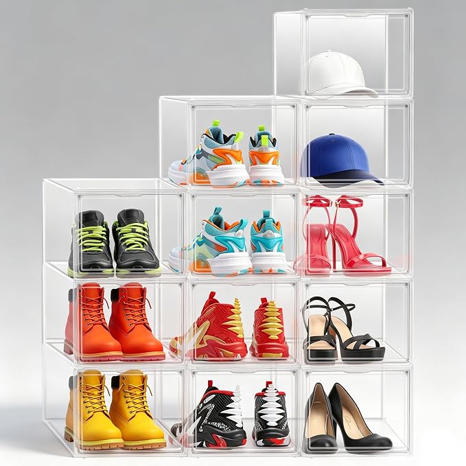 1 Pack Clear Shoe Storage Boxes Stackable, Large Sneaker Organizer with Acrylic Magnetic Door, Plastic Drop Front Shoe Containers for Men up to Size 12.5, Transparent Shoe Organizer for Closet by EDSFAM