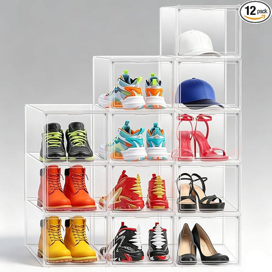12 Pack Clear Shoe Storage Boxes Stackable, Large Sneaker Organizer with Acrylic Magnetic Door, Plastic Drop Front Shoe Containers for Men up to Size 12.5, Transparent Shoe Organizer for Closet by EDSFAM