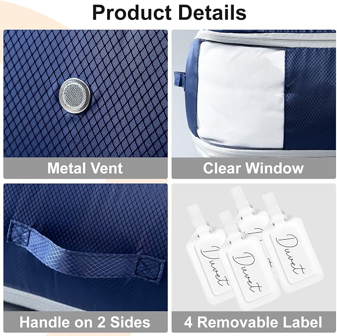 Comforter Storage Bag - Large Capacity Blanket Storage Bags 3-Layer Ultra Space Saving Self Compression Organizer, Washable Compression Bags for Storage Comforter Blanket, 4-Pack, Navy Blue - Image 6