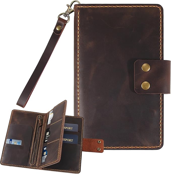 Handmade Genuine Leather Family Passport Holder | Travel Document Organizer Holds 4 Passports | Vintage Wristlet Wallet with Credit Card Slots (D.Brown) by Fasjosma