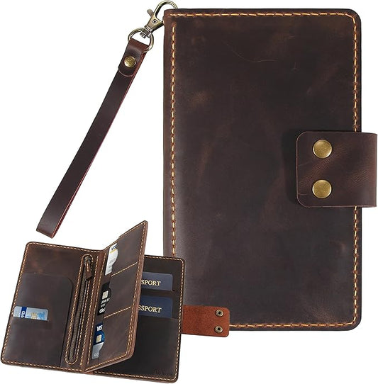 Handmade Genuine Leather Family Passport Holder | Travel Document Organizer Holds 4 Passports | Vintage Wristlet Wallet with Credit Card Slots (D.Brown) by Fasjosma