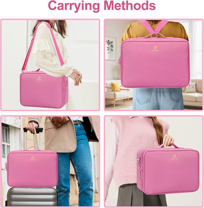 Relavel Makeup Case Large Makeup Bag Professional Train Case Travel Cosmetic Organizer Brush Holder Waterproof Makeup Artist Storage Box, 3 Layer Large Capacity, with Adjustable Strap, Rose Pink - Image 5