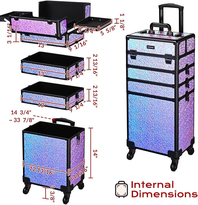 BYOOTIQUE 4in1 Cosmetology Case on Wheels w/Cosmetic Storage Makeup Artist | Aluminum Rolling Makeup Suitcase 360° Detachable Wheel Lockable Makeup Case Organizer w/ Mirror Nail Tech Mermaid Purple - Image 5