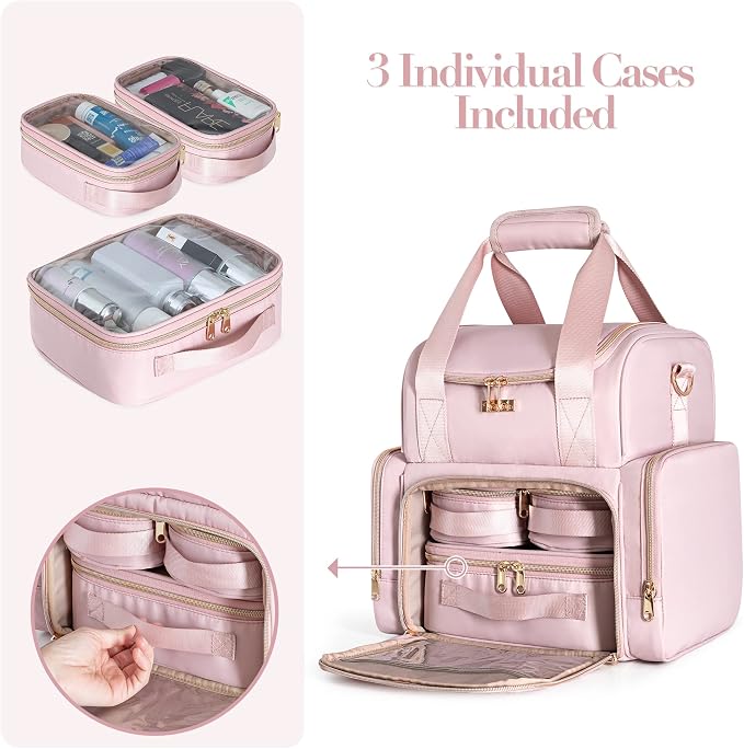 Large Cosmetic Bag, Double Layer Travel Makeup Organizer, Pink | Makeup Bag with 3 Removable Cases, Inner Dividers & Brushes Storage Pockets, Cosmetic Storage Case Fits Beauty Essentials - Image 2