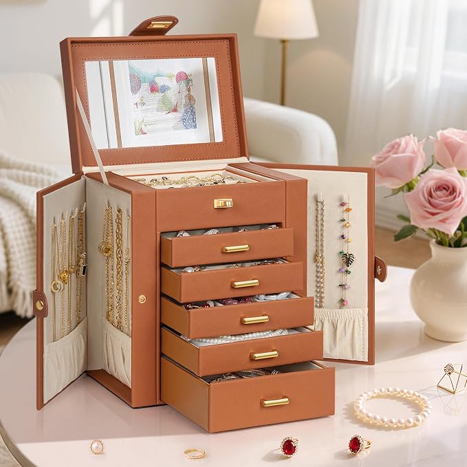 AKOZLIN 6-Tier Jewelry Box Organizer Functional 5 Drawers Leather Jewelry Storage Case for Women Girls Ring Necklace Earring Bracelet Holder Organizer with Mirror Orange Regular - Image 8