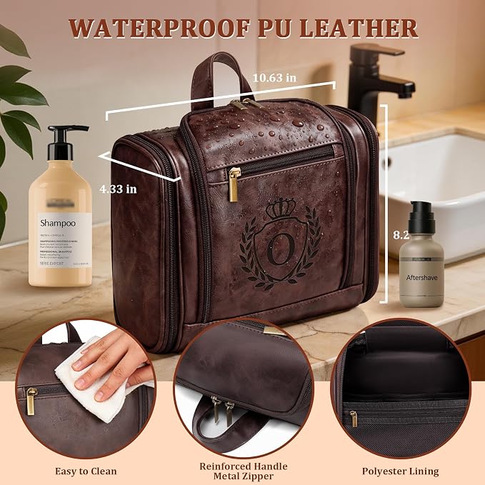 Personalized Mens Large Leather Travel Toiletry Bag Hanging Dopp Kit Grooming with Laser Engraved Initials, Custom Monogrammed Gifts for Groomsmen Groom Boss Friend Brother, Tan Letter O - Image 3
