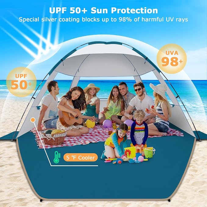 COMMOUDS Beach Tent Sun Shelter for 3/4/6/8 Person, UPF 50+ UV Protection Beach Shade Canopy Tent, Lightweight, Easy Set Up and Carry - Image 3