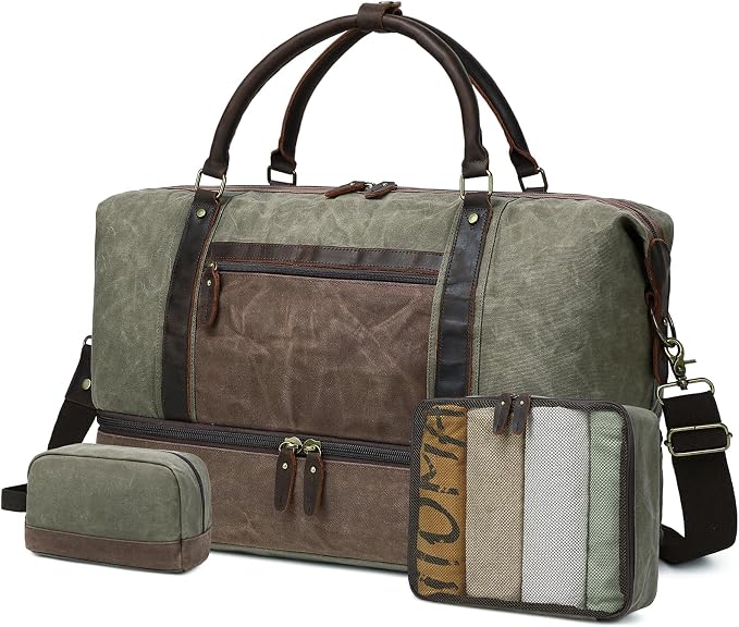 Waxed Canvas Duffel Bag with Shoe Compartment | 3-Piece Oversized Weekender Set Genuine Leather Trim Vintage Travel Carry-On Overnight Bag - Image 2