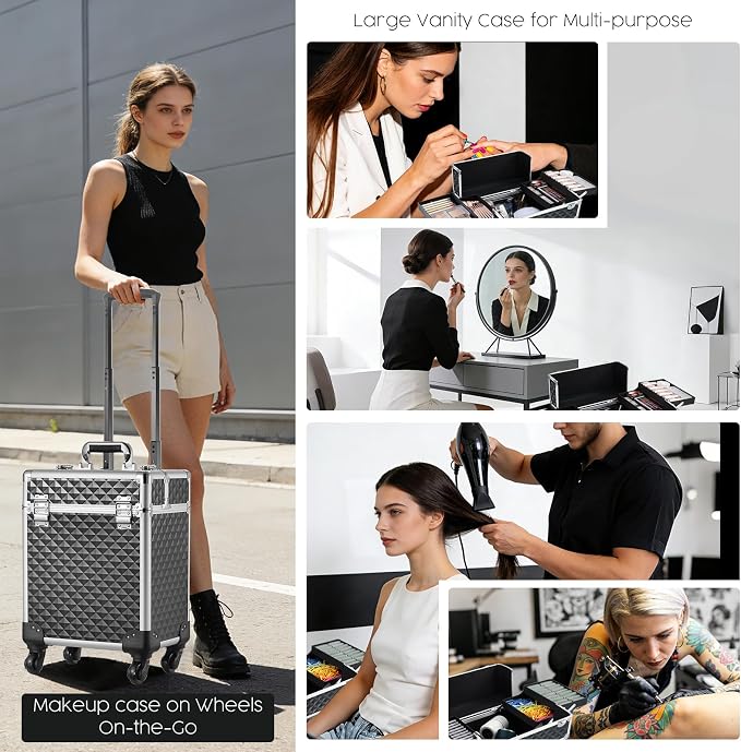 Rolling Makeup Train Case Large Cosmetic Trolley Organized Aluminum Barber Case for Hairstylist Makeup Nail Tech Salon with Keys Swivel Wheels Traveling Cart Trunk - Black - Image 7