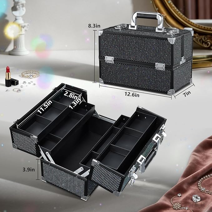 Stagiant 12.6 Inch Large Makeup Train Case, Professional 4 Trays Cosmetic Cases Makeup Storage Organizer Box Beauty Make Up Box with Lock&Adjustable Compartments for Nail, Accessories, Skincare, Black - Image 7