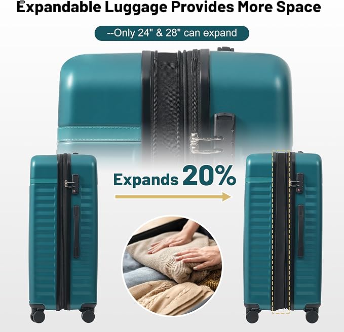 Merax Luggage Sets, Durable Hardshell 3 Piece Suitcase with Bags | Lightweight Carry on Luggage with Double Spinner Wheels and TSA Lock,20+24+28 inches,Dark Green - Image 3