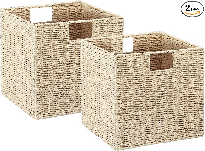 Vagusicc Wicker Storage Basket, Set of 2 Hand-Woven Paper Rope Wicker Baskets, Foldable Cube Storage Bins, Beige Storage Basket, Square Baskets for Organizing Shelves & Decor, Beige(13″×13″×13″) by Vagusicc