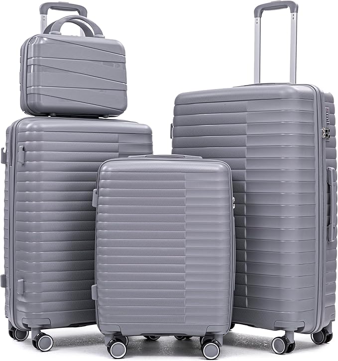 Hardside Luggage Sets, Lightweight Stripes Suitcase with Spinner Wheels, Gray-PP by Merax
