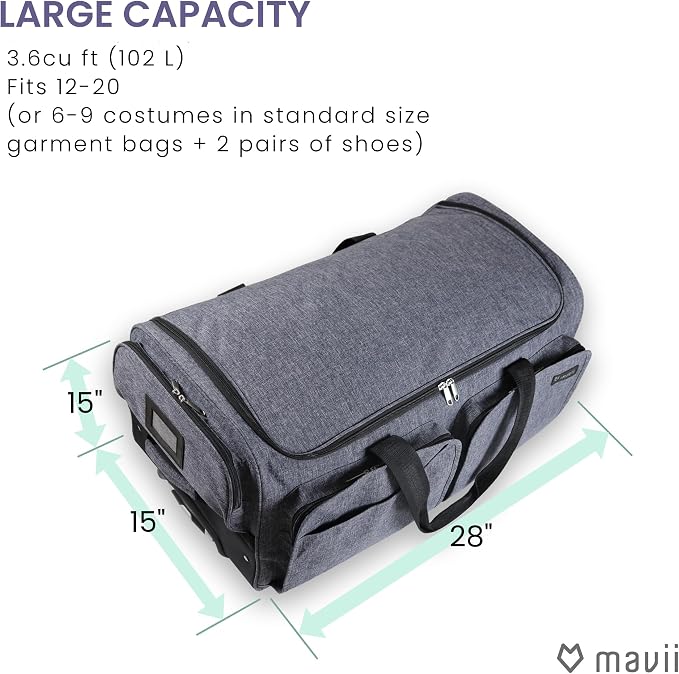 Mavii Dance Bag with Garment Rack - Wheeled 28 Inch Collapsible Travel Bag, Rolling Garment Rack Luggage, Gray - Image 4