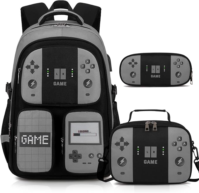 Jafeton Gamer Backpack for Boys, 3PCS Boys Backpack with Lunch Box & Pencil Pouch, Waterproof School Bags for Boy Kids Children Teens, Elementary Middle School, Kids Book Bag Casual Daypack (Gray) by Jafeton