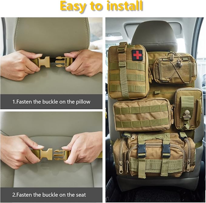 BXBXHD 6 Pack Tactical Truck Organizer Back Seat Storage Car Seat Storage Bag Molle Panels for vehicles, Car and SUV with Lots of Handy Compartments (Khaki) - Image 4