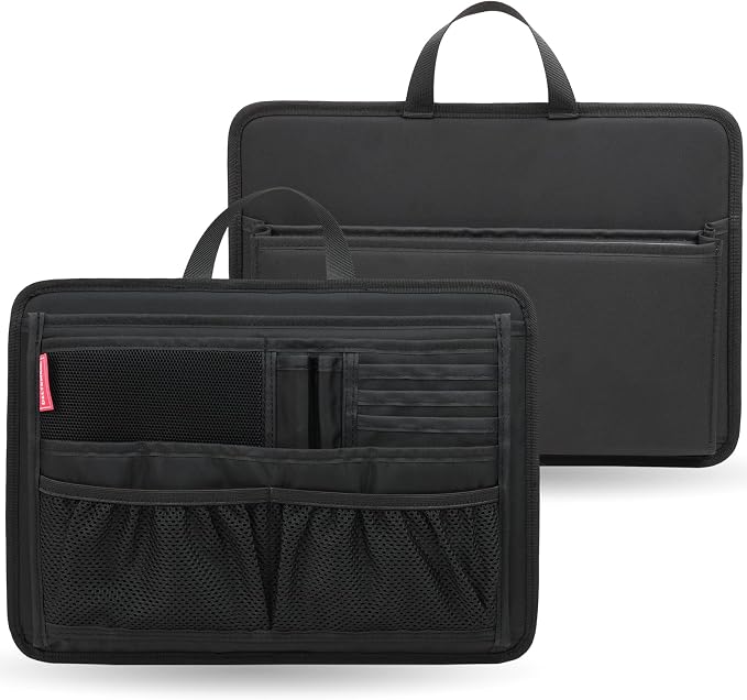 Slim Rugged Organizer Insert for Briefcase Messenger Tote Bag-13 Pockets,Durable Padded Nylon,Handle - Black by DELTAMANN