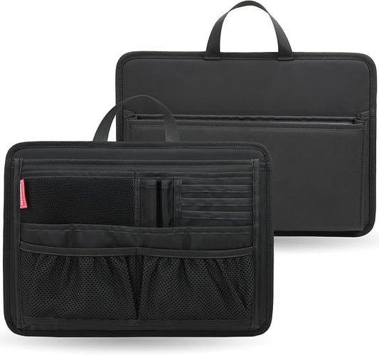 Slim Rugged Organizer Insert for Briefcase Messenger Tote Bag-13 Pockets,Durable Padded Nylon,Handle - Black by DELTAMANN