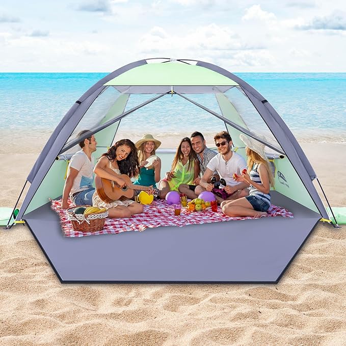 Happy Travel Beach Tent, UPF 50+ UV Protection Sun Shade Shelter for 3/4/5/6/7/8 Person, Portable Beach Canopy for Family & Baby, Lightweight & Easy Setup Beach Cabana with 3 Ventilation Mesh Windows by HappyTravel
