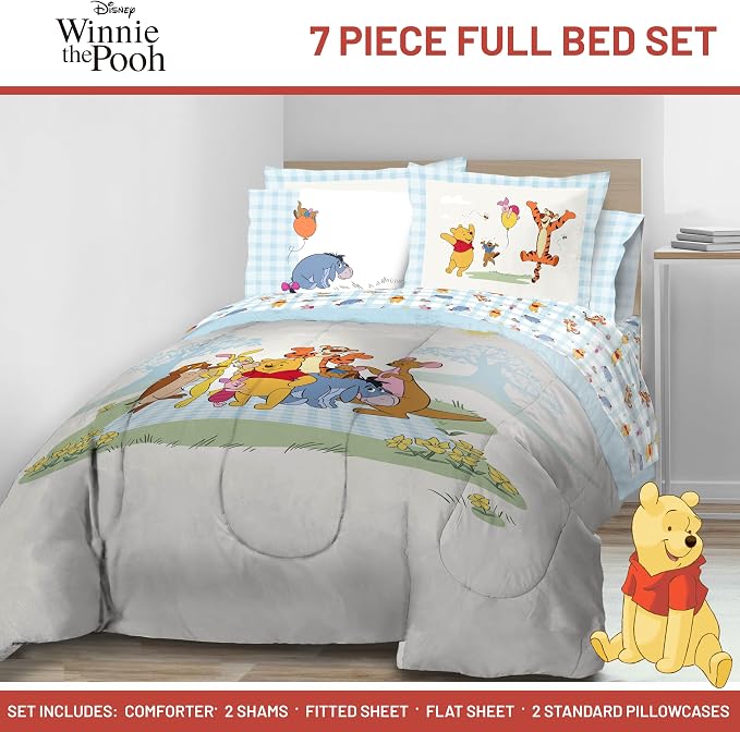 Disney Winnie The Pooh Full Comforter Set 7 Piece Kids Bedding, White | Piglet Tigger, Bed in a Bag, Comforter Sheets Shams Pillowcases, Official Brand, Soft Microfiber, Machine Washable, Kids Gift - Image 2