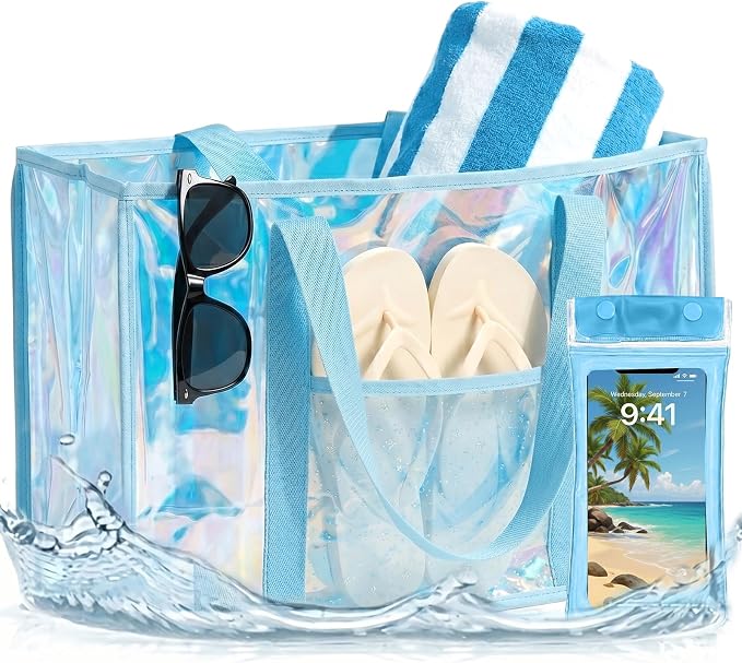 Iridescent Waterproof Beach Tote Bag for Women Large Jelly Tote Bag for Summer Travel Vacation Swim Pool by Cyrelwing