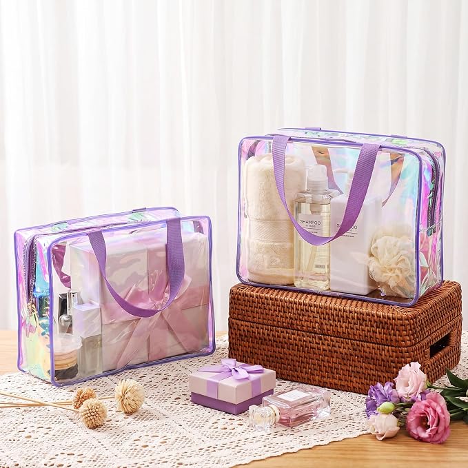 Sweetude 6 Pcs Large Clear Toiletry Bag with Handle Large Capacity Travel Iridescent Beach Makeup Bag PVC Clear Plastic Tote Punch Cosmetic Clothes Storage Organizer for Women Men (Purple) - Image 2