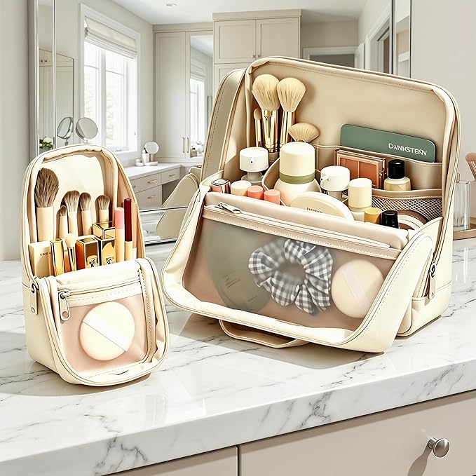 Standing Makeup Bag, Fold Down Trave Cosmetic Bag,Large Capacity Toiletry Bags for Women,Portable Free-Standing Makeup Bag and Brush Storage Bag for Easy Access (Creamy) by Wnnideo