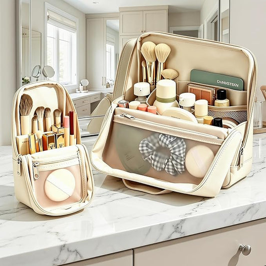 Standing Makeup Bag, Fold Down Trave Cosmetic Bag,Large Capacity Toiletry Bags for Women,Portable Free-Standing Makeup Bag and Brush Storage Bag for Easy Access (Creamy) by Wnnideo