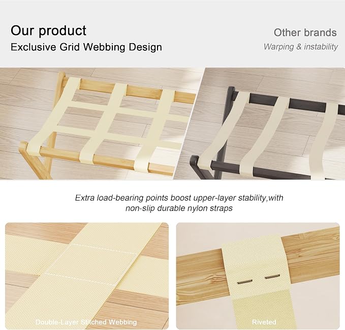 Fully Assembled Luggage Rack Set of 2 for Guest Room, Bamboo Suitcase Stand with Foldable Storage Shelf, Crossed Nylon Straps Folding Luggage Holder for Bedroom and Hotel, Natural - Image 4