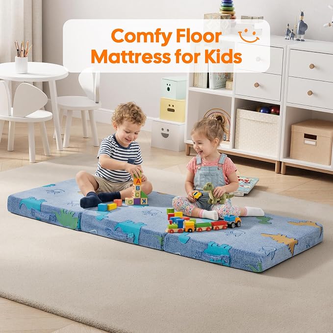 MeMoreCool Glow Dino Kids Foldable Floor Mattress Trifold, 57x22 Inch Blue | Glow dino trifold mattress for kids room, playroom, reading nook and travel - Image 6