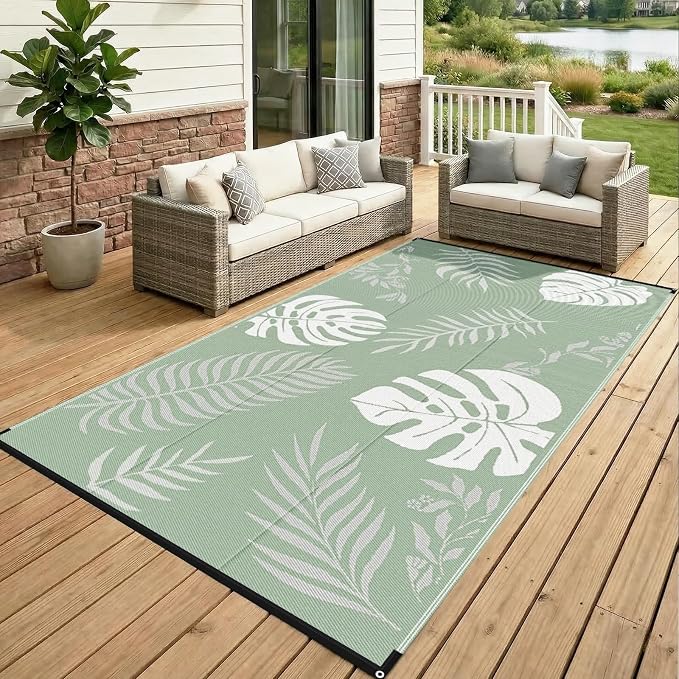 GOTGELIF Massive Outdoor Patio Rug - 9x18FT, Reversible & Water-Resistant & Wear-Resistant & Plastic Straw Outdoor Area Rug for Patio & Camping & RV - Green Leaf by Brandintroduction