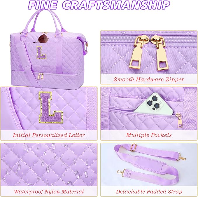 Teen Girl Gifts Trendy Stuff Initial Travel Duffle Bag Quilted Weekender Bags Carry-On Overnight with Cosmetic Bag, Gym Bag with Shoe Compartment Hospital Bag for Women Labor Delivery, Purple-L - Image 7