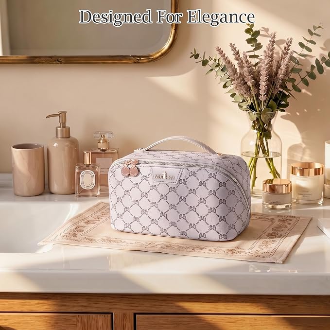 Travel Makeup Bags for Women: 3 Pcs Set Luxury Bow Print Make up Bag - Large Capacity Cute Cosmetic Case - 3–15 Day Travel Toiletry Organizer Bag, Comes with An Gift Box(Moon mist gray) - Image 7