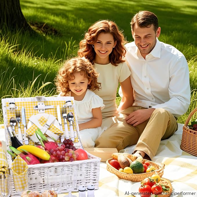 Picnic Basket Set for 4 with Waterproof Blanket Mat Insulation Bag Wicker White Yellow Light Fresh Gifts for Wedding Birthday Summer Camp Outdoor Camping Beach Travel Christmas Thanksgiving - Image 7
