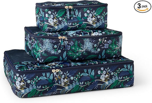 RIFLE PAPER CO. Soft Sided Packing Cubes Set of 3 (Includes 3 Different Sizes and a Laundry Bag, Travel Must Have Accessory, Stylized Pattern), Peacock by RiflePaperCo