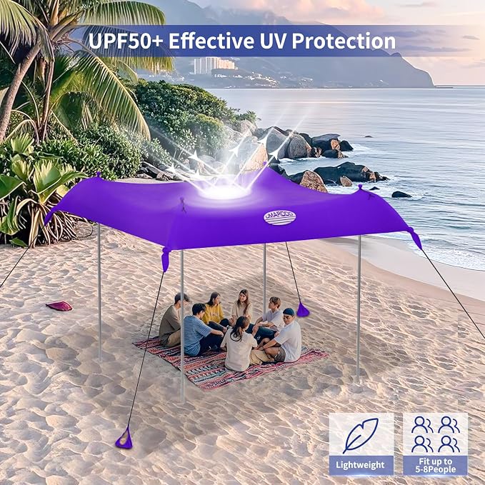 UMARDOO Family Beach Tent Canopy Sun Shade Portable, Large Compact Beach Sun Shelter Easy Setup with Packable Bag for Outdoor Travel (Purple, 12X12 FT. 4Poles) - Image 3