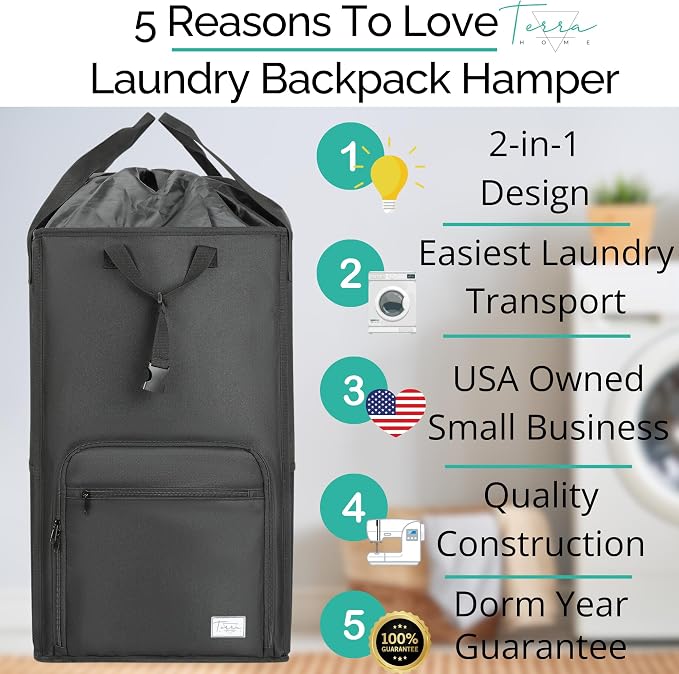 TERRA HOME College Essentials Travel Size Laundry Backpack - Portable, Durable, Foldable - Laundry Bag with Pockets for College Dorms - Extra Large Laundry Carrying Bag with Strap (Black) - Image 2