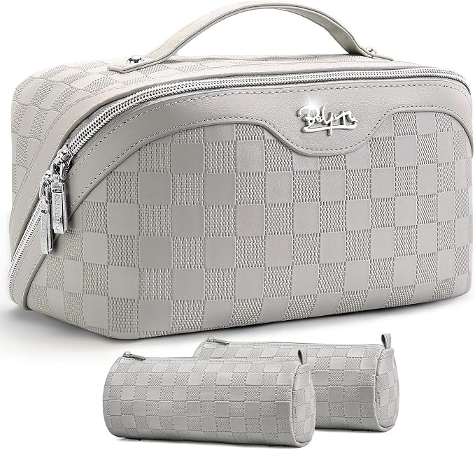 BOYATU Travel Makeup Bag Organizer: 3 Pcs Set Large Capacity Cosmetic Bags Holds 10–20 100ml Full-Size Bottles - 180°Open-Flat Make up Case 3-sec touch-up - Toiletry Bag Gift women (03-A-Gray) by BOYATU