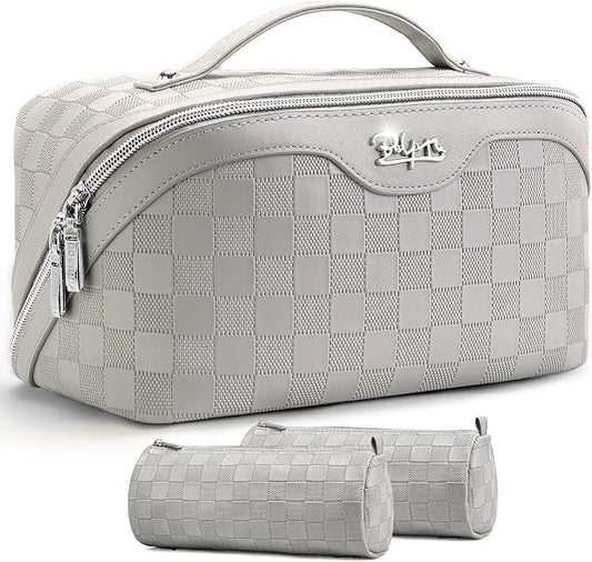 BOYATU Travel Makeup Bag Organizer: 3 Pcs Set Large Capacity Cosmetic Bags Holds 10–20 100ml Full-Size Bottles - 180°Open-Flat Make up Case 3-sec touch-up - Toiletry Bag Gift women (03-A-Gray) by BOYATU