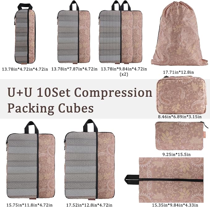 U+U 10 Set Compression Packing Cubes - Ultralight Travel Organizers with Laundry Bag, Space-Saving Suitcase Organizer, Expandable Packing Cubes for Travel and Family Vacation (Paisley Pattern) - Image 6