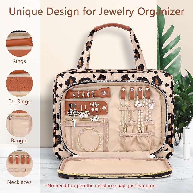 Wedama Toiletry Bag for Women, Hanging Travel Toiletry Bag with Jewelry Organizer Compartment Large Makeup Bag, PVC Waterproof Cosmetic Travel Bag Trips Camping Bathroom, Leopard Print - Image 2