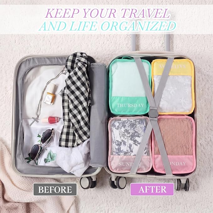 Days of Week Packing Cubes Summer Camp Essentials Weekly Organizer Storage Bag School Clothes for Travel Kids Family(7x9x3inch,Macaron,15) - Image 4