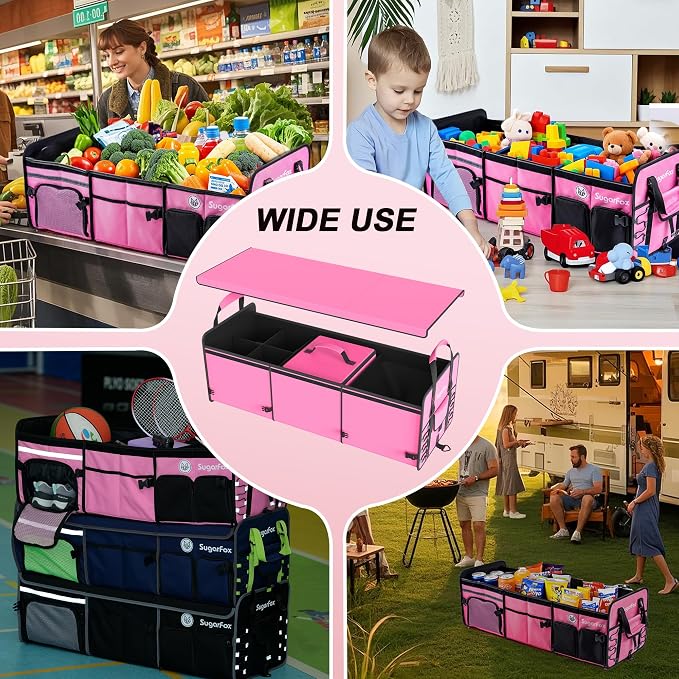 SugarFox Bold Color Block Trunk Organizer | 95L, 35"x13.8"x11.8" | Dedicated Shoe Storage & 26L Ice Pack | Foldable for SUV/Car/Jeep | Stylish Gift & Car Accessories for Men & Women - Pink-X212 - Image 5