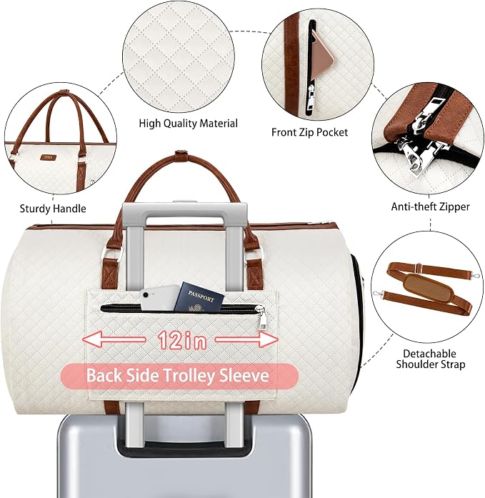 Convertible Garment Duffle Bags for Travel - Carry On Garment Bags With Toiletry Bag, Large Weekender Bags for Women Men 2 in 1 Hanging Suitcase Suit Travel Duffel Bags (White) - Image 4
