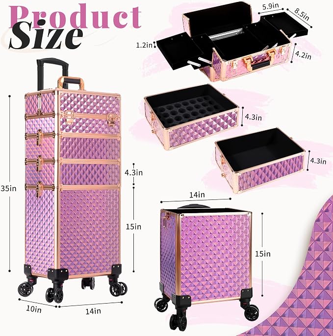 AROUS Rolling Makeup Train Case 4 in 1 Cosmetology Case on Wheels Large Storage Cosmetic Trolley with Key Salon Barber Case Traveling Cart Trunk, Pink - Image 3