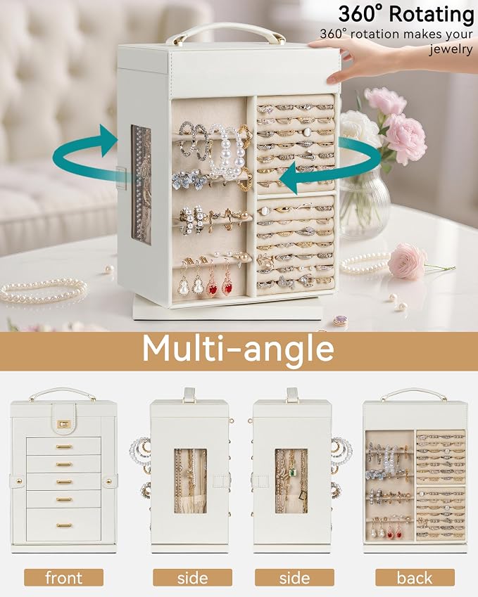 AKOZLIN 6-Tier Jewelry Box Organizer Functional 5 Drawers Leather Jewelry Storage Case for Women Girls Ring Necklace Earring Bracelet Holder Organizer with Mirror White 360° Rotating - Image 3