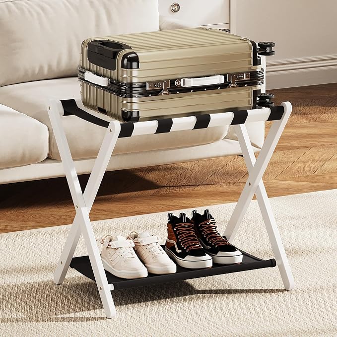 Fully Assembled Luggage Rack, 26.77" Folding Suitcase Stand with Storage Shelf, Bamboo Luggage Stand for Guest Room, Bedroon and Hotel, Holds up to 165 lb, Fit Most Luggage Size, 1 Pack, White by OAKVIVOElegantLifestyle